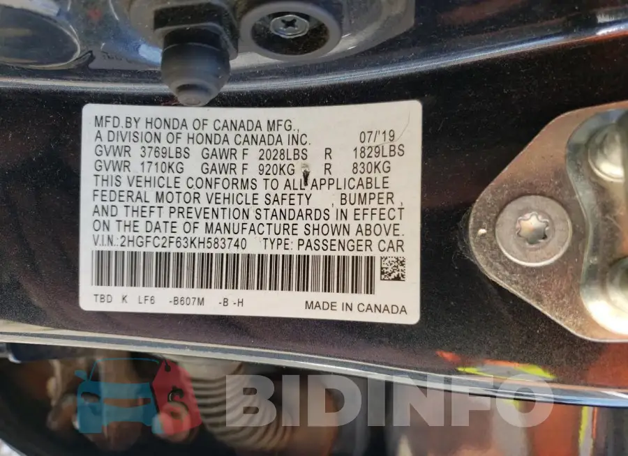 2HGFC2F63KH583740 Photo# 12