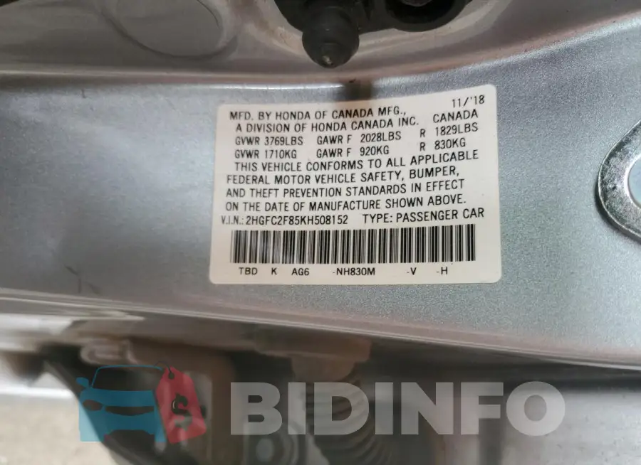 2HGFC2F85KH508152 Photo# 12