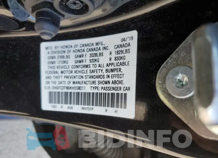 2HGFC2F86KH558011 Photo# 12
