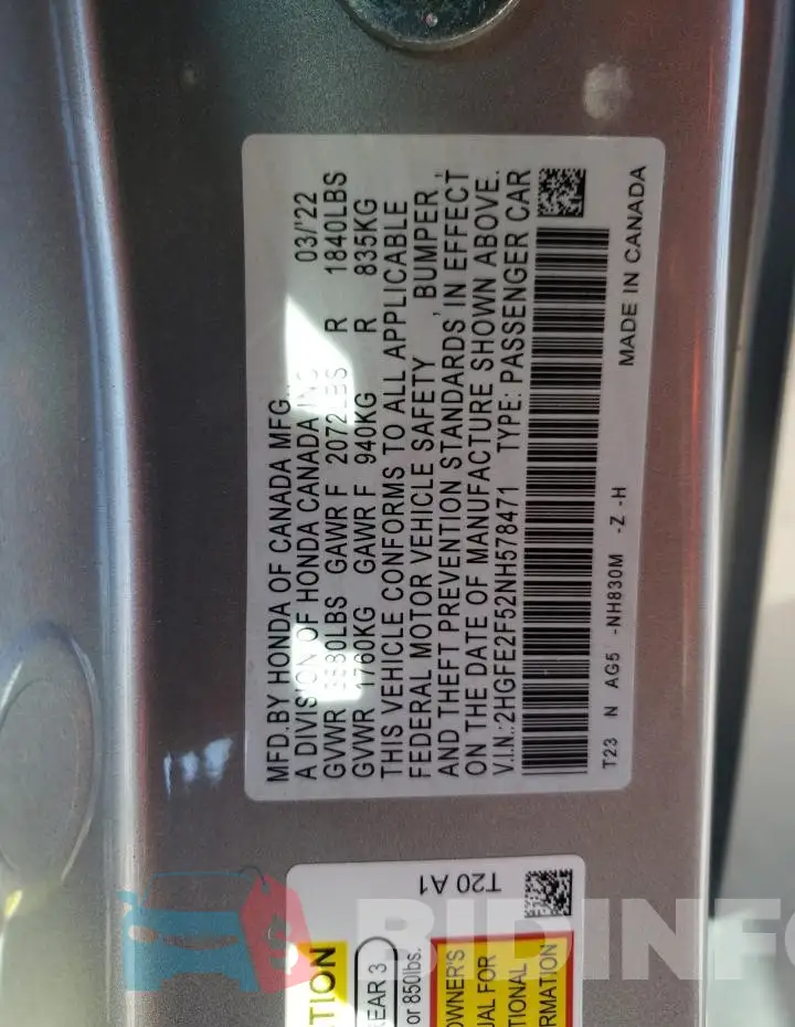2HGFE2F52NH578471 Photo# 12