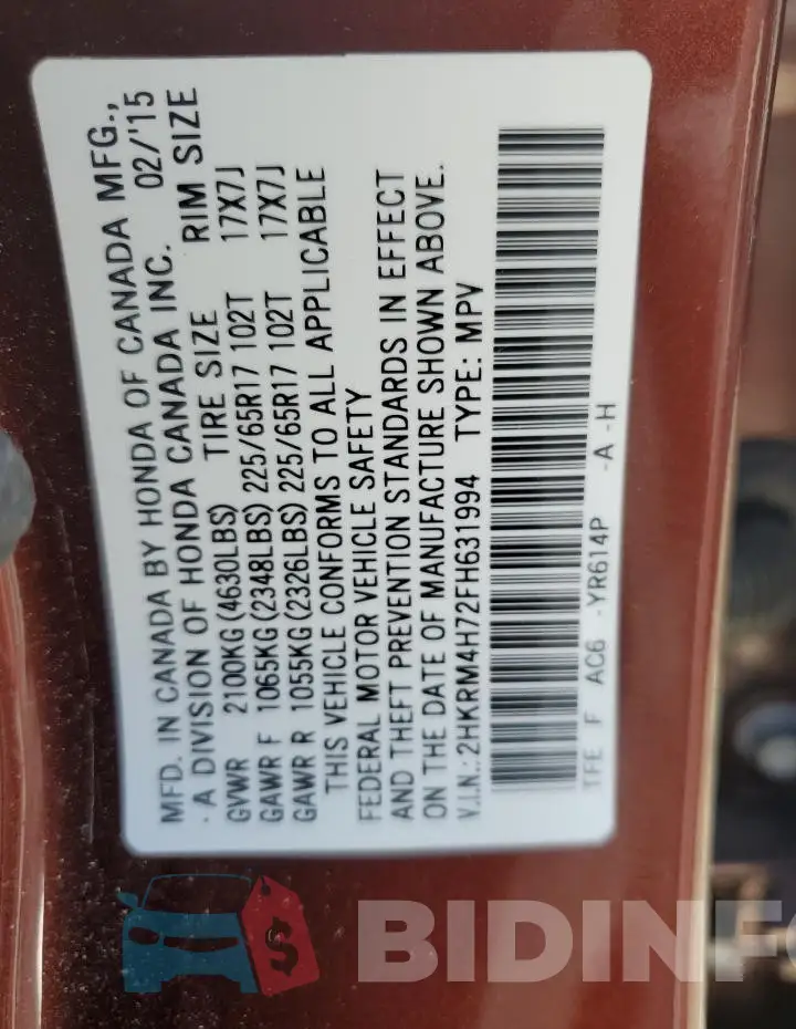 2HKRM4H72FH631994 Photo# 13