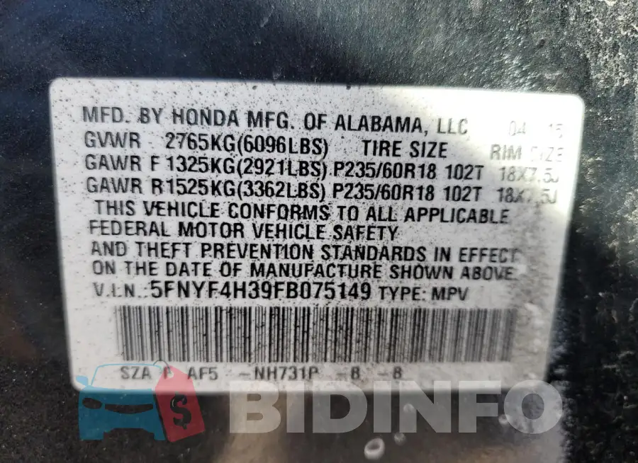5FNYF4H39FB075149 Photo# 12
