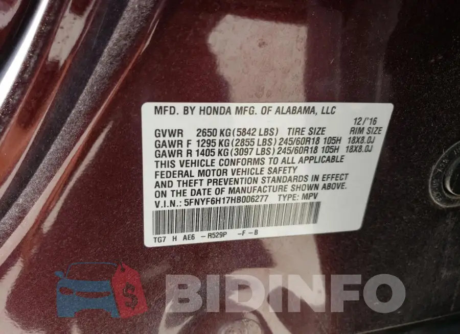 5FNYF6H17HB006277 Photo# 13