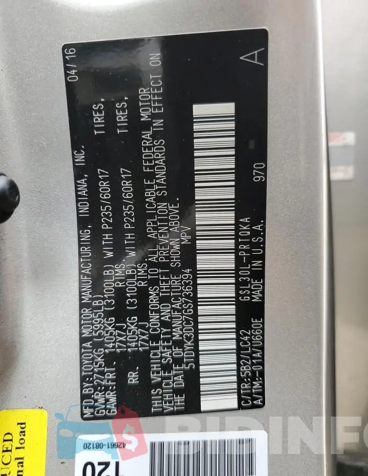 5TDYK3DC7GS736394 Photo# 14