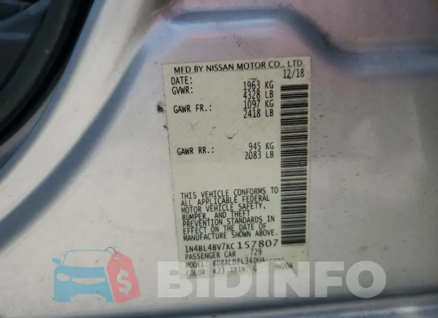 1N4BL4BV7KC157807 Photo# 12