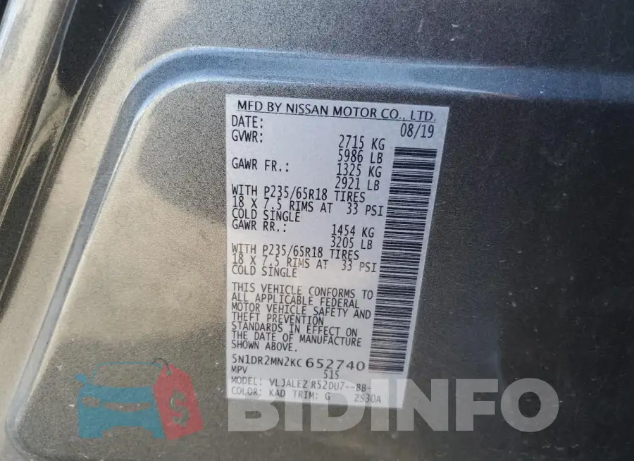 5N1DR2MN2KC652740 Photo# 13