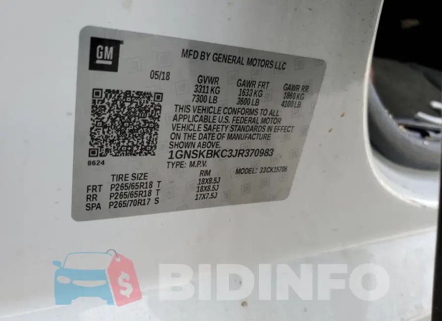 1GNSKBKC3JR370983 Photo# 14