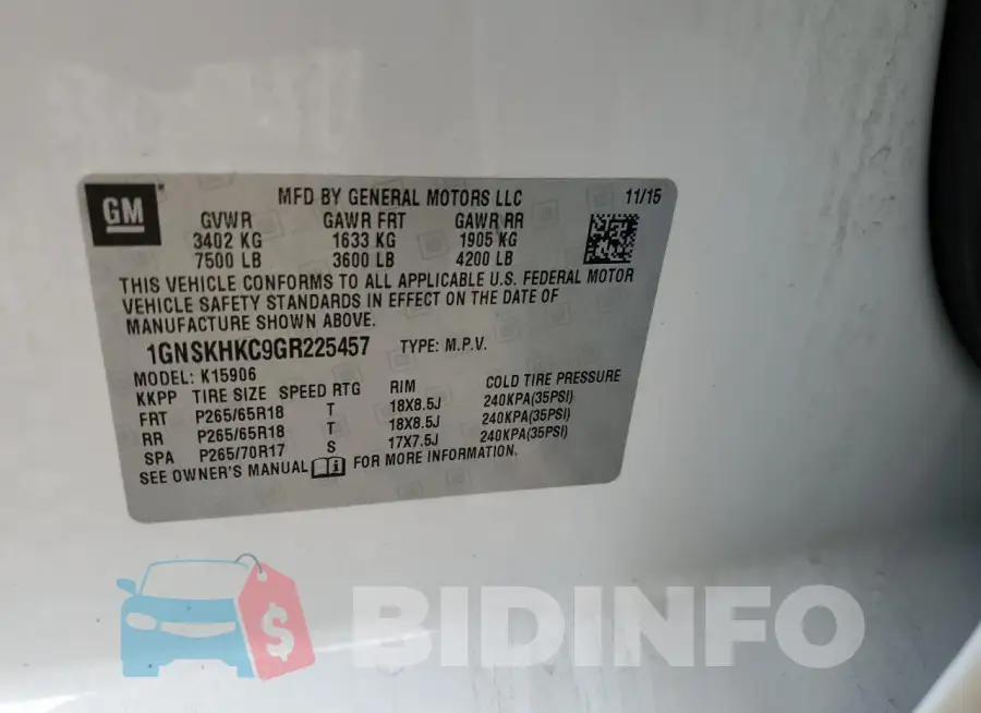 1GNSKHKC9GR225457 Photo# 13