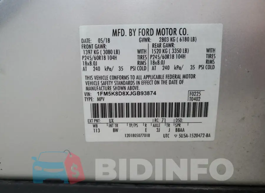 1FM5K8D8XJGB93874 Photo# 13
