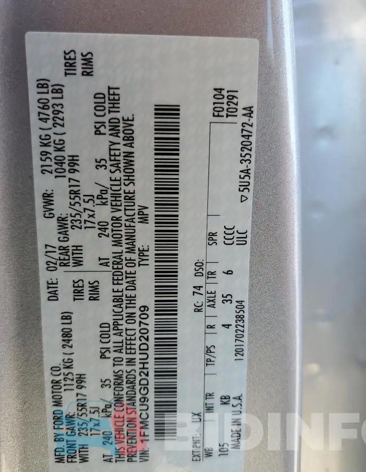 1FMCU9GD2HUD20709 Photo# 13