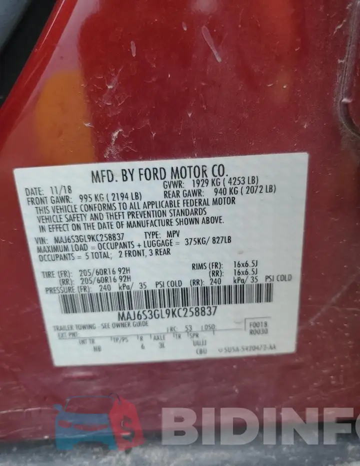 MAJ6S3GL9KC258837 Photo# 13