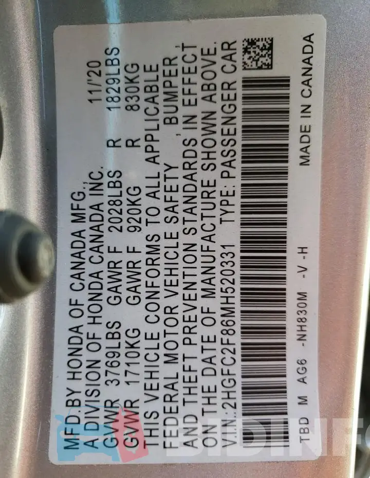 2HGFC2F86MH520331 Photo# 12