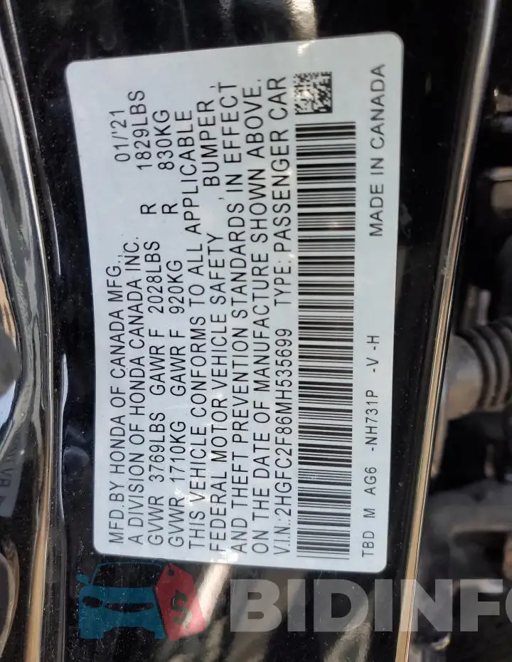 2HGFC2F86MH535699 Photo# 12