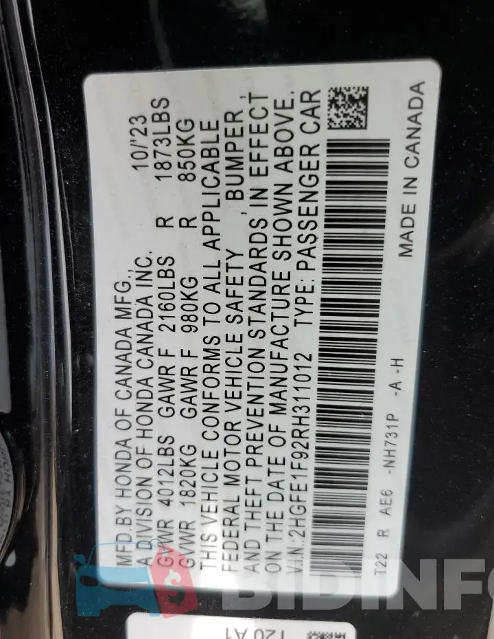 2HGFE1F92RH311012 Photo# 12