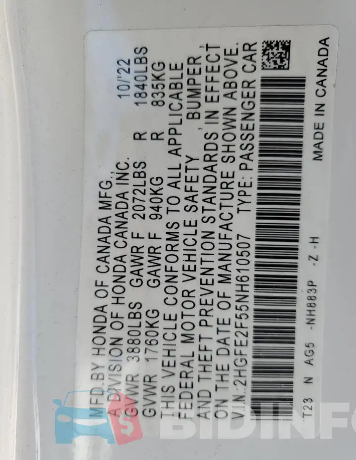 2HGFE2F55NH610507 Photo# 12