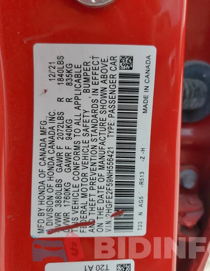 2HGFE2F59NH556421 Photo# 12