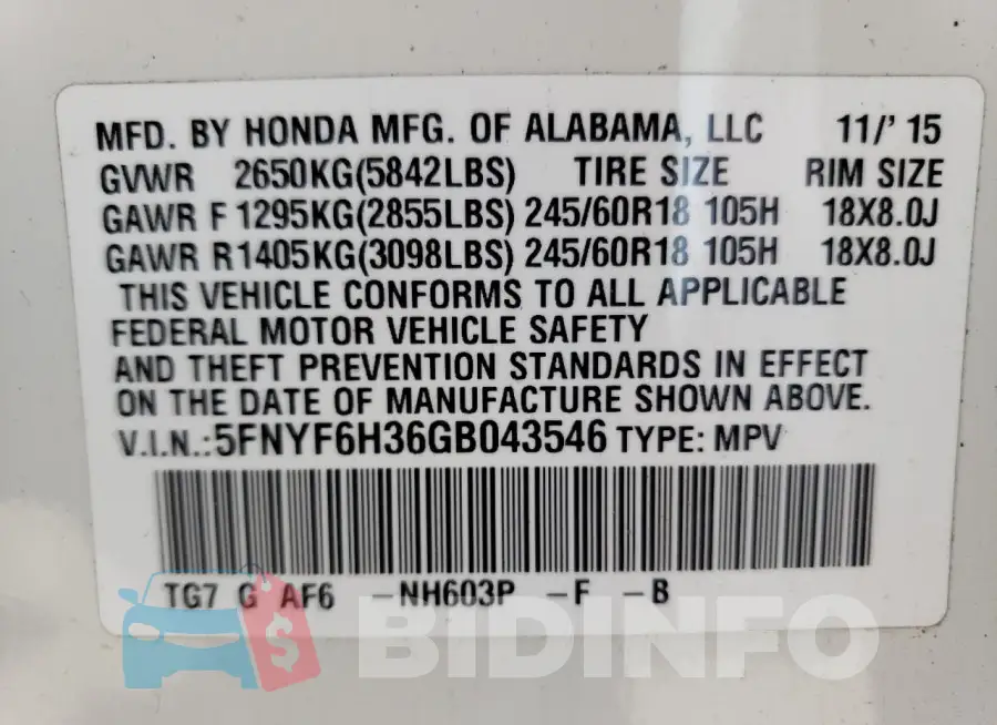 5FNYF6H36GB043546 Photo# 13
