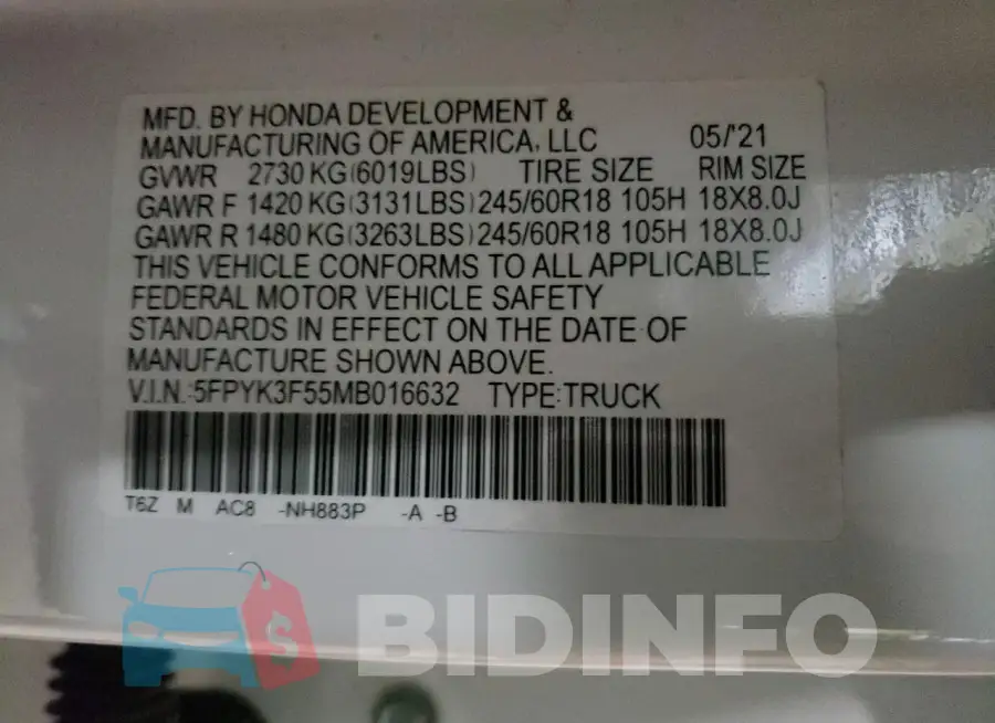 5FPYK3F55MB016632 Photo# 12