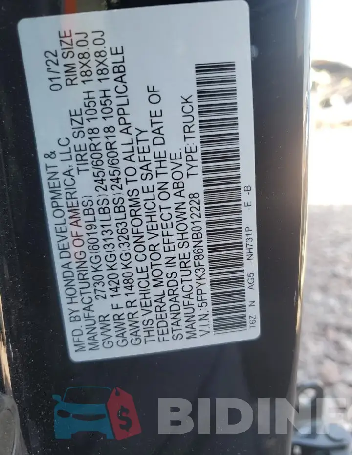 5FPYK3F86NB012228 Photo# 12
