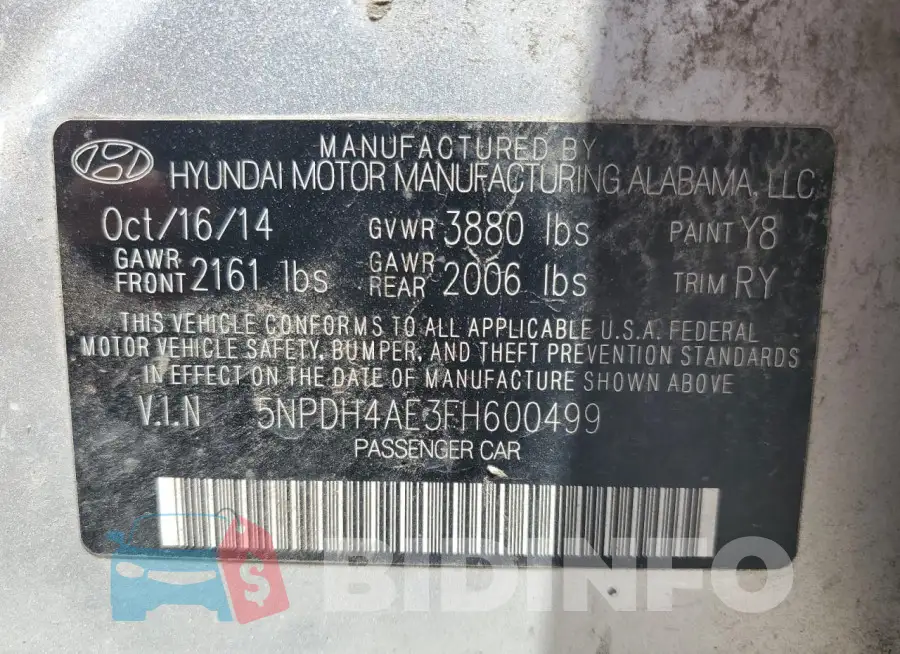 5NPDH4AE3FH600499 Photo# 12