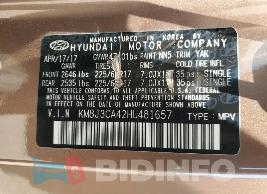 KM8J3CA42HU481657 Photo# 13