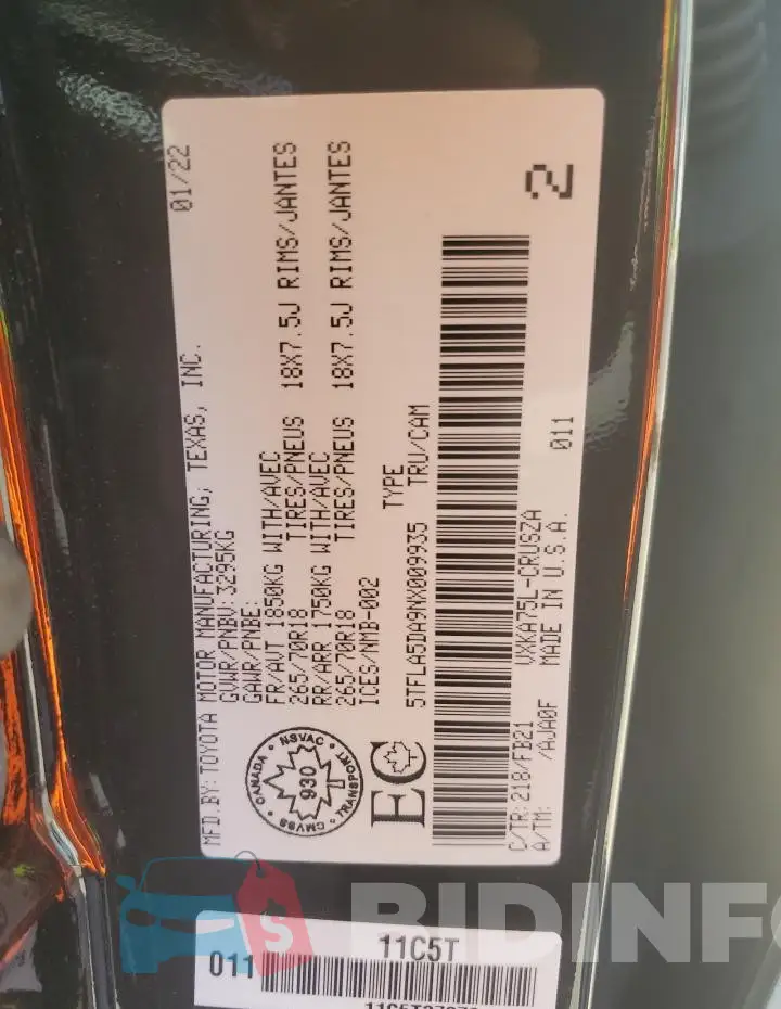 5TFLA5DA9NX009935 Photo# 12