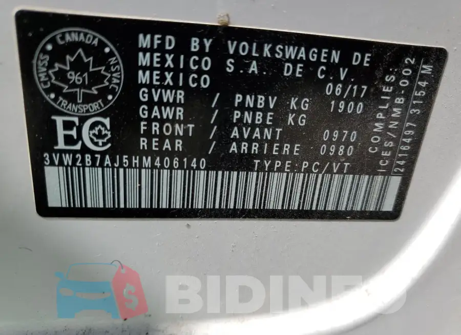 3VW2B7AJ5HM406140 Photo# 13