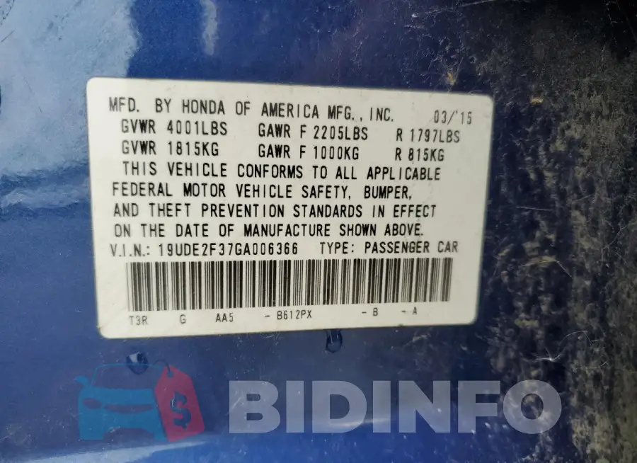 19UDE2F37GA006366 Photo# 12