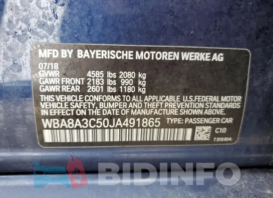 WBA8A3C50JA491865 Photo# 13