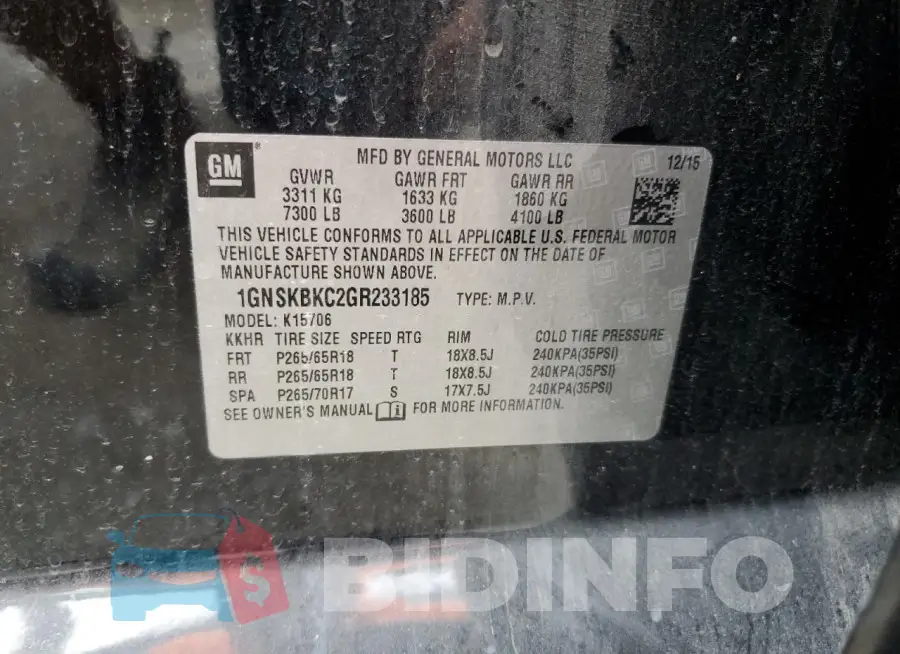1GNSKBKC2GR233185 Photo# 14