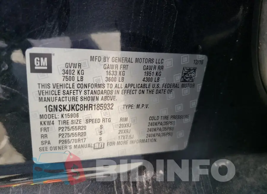 1GNSKJKC8HR185932 Photo# 13