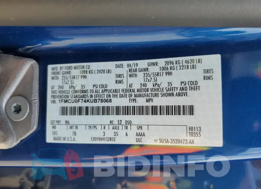1FMCU0F74KUB78068 Photo# 12