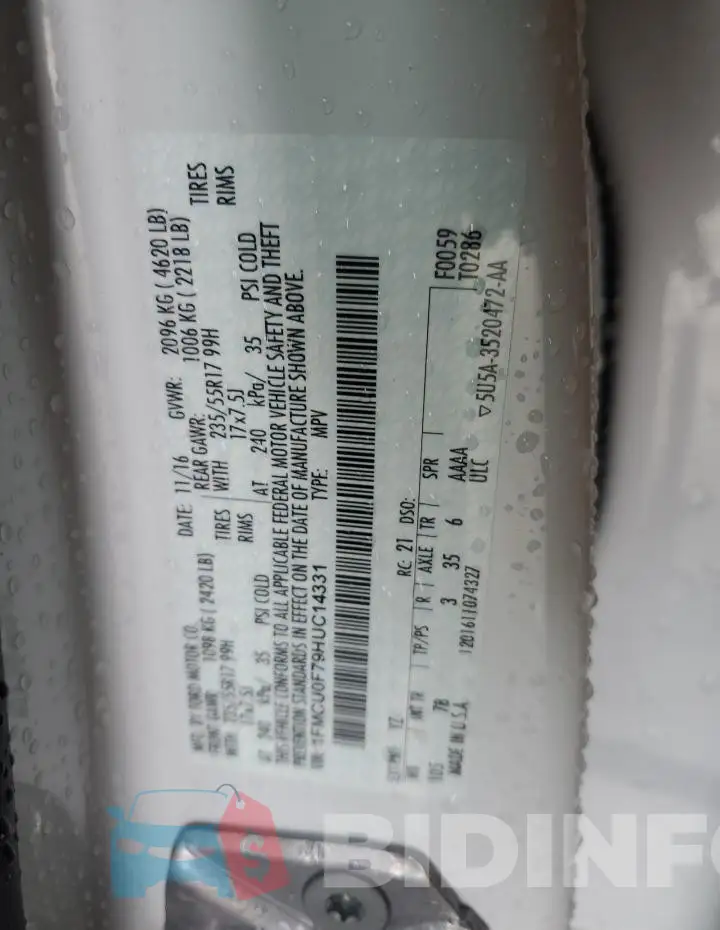 1FMCU0F79HUC14331 Photo# 13