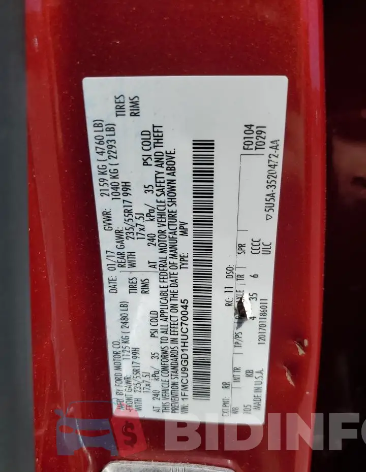1FMCU9GD1HUC70045 Photo# 14