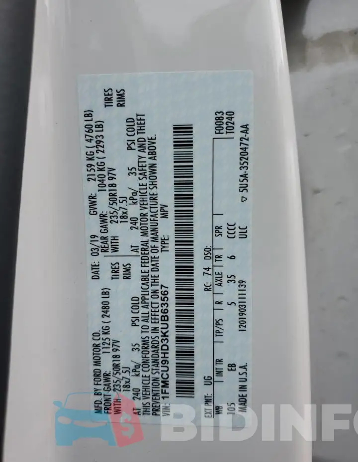 1FMCU9HD3KUB63567 Photo# 14