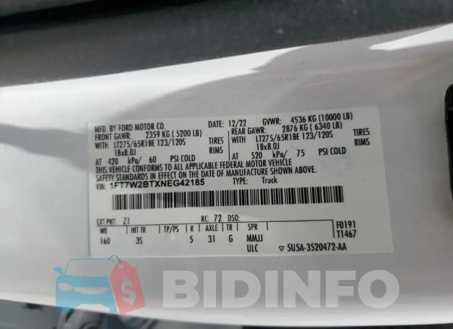1FT7W2BTXNEG42185 Photo# 12
