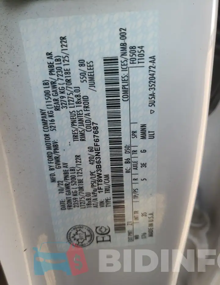 1FT8W3B63NEF67687 Photo# 12