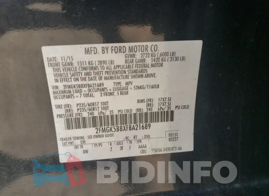 2FMGK5B8XFBA21689 Photo# 13