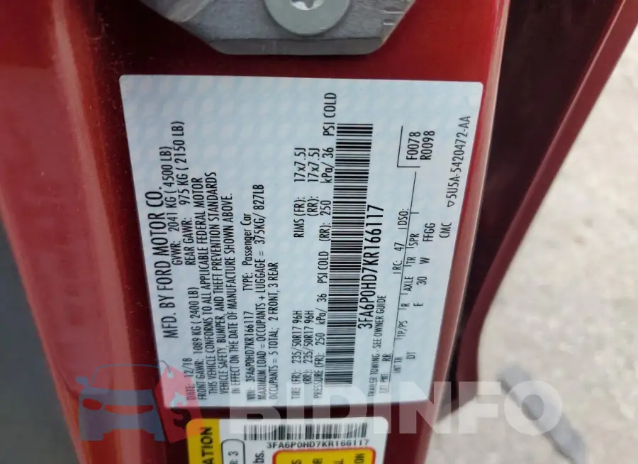 3FA6P0HD7KR166117 Photo# 12