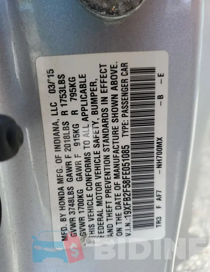 19XFB2F58FE051085 Photo# 13
