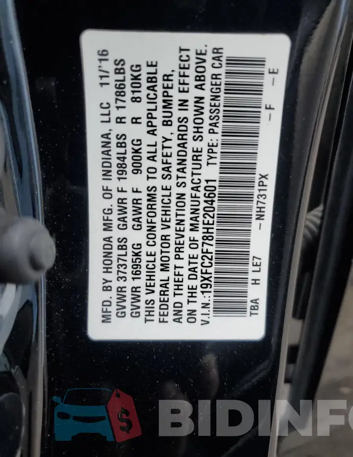 19XFC2F78HE204601 Photo# 12