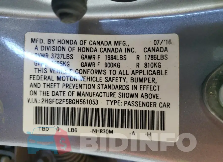 2HGFC2F58GH561053 Photo# 13