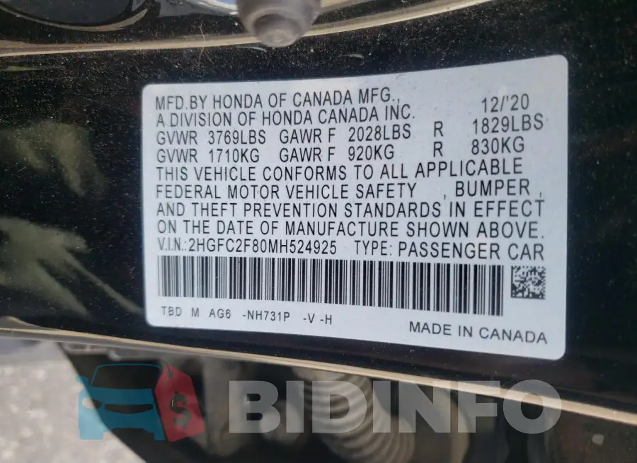 2HGFC2F80MH524925 Photo# 12