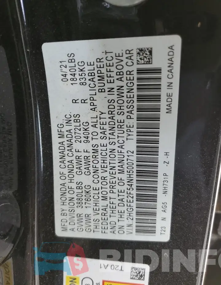 2HGFE2F54NH500712 Photo# 12