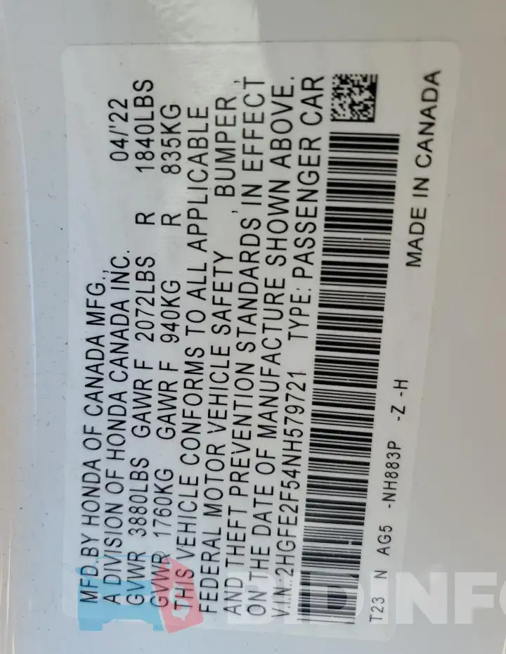 2HGFE2F54NH579721 Photo# 12