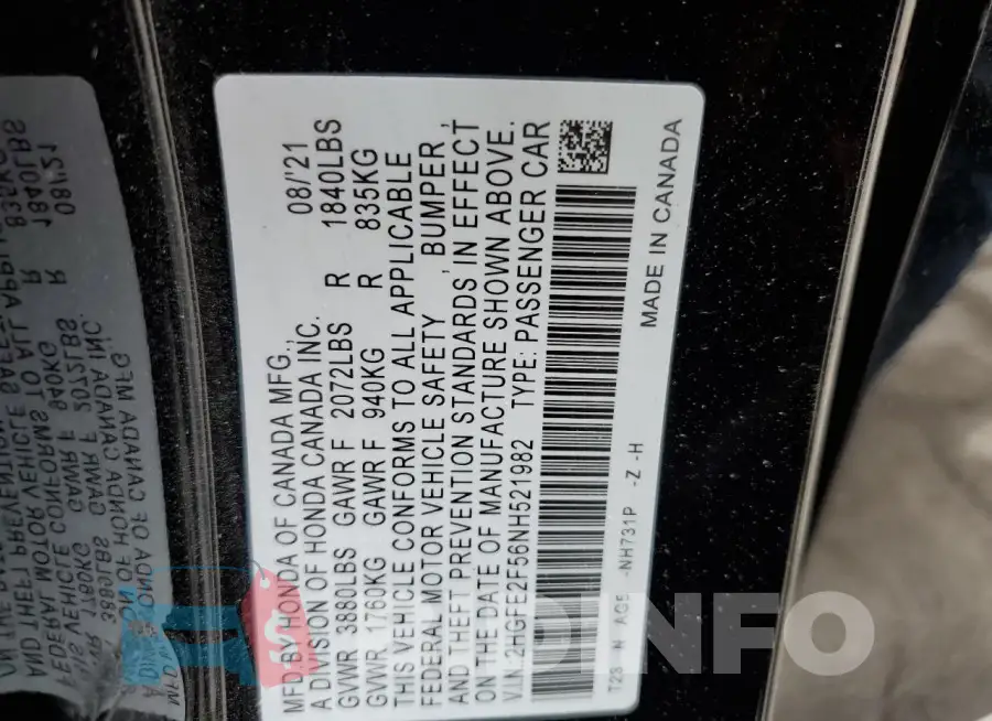 2HGFE2F56NH521982 Photo# 12