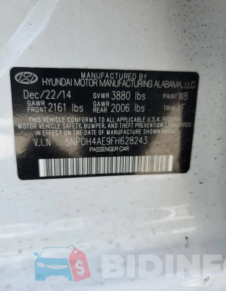 5NPDH4AE9FH628243 Photo# 12