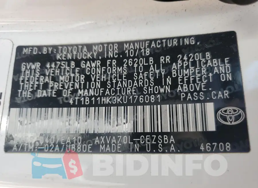 4T1B11HK3KU176081 Photo# 12
