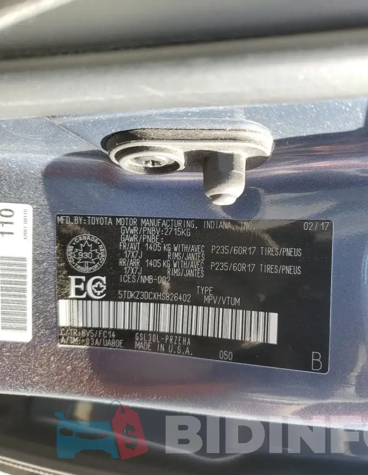 5TDKZ3DCXHS826402 Photo# 14