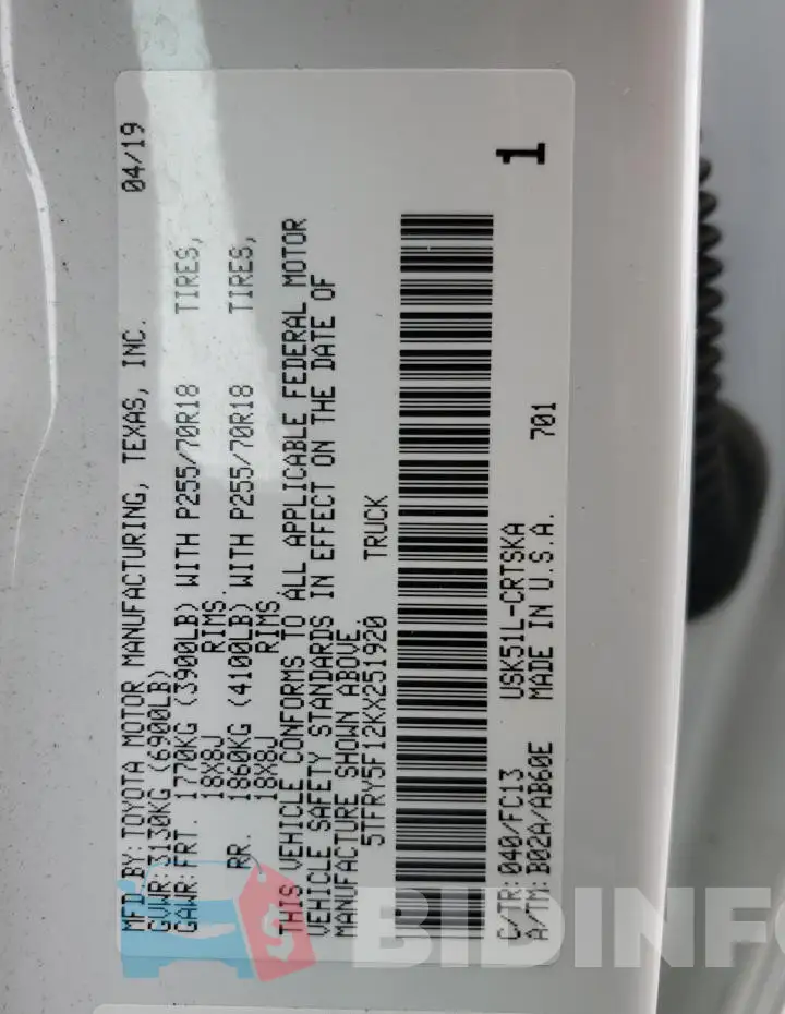 5TFRY5F12KX251920 Photo# 12